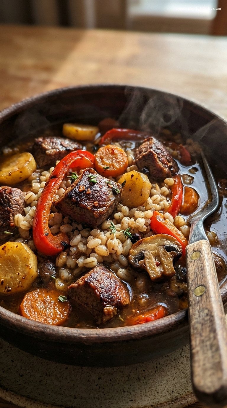 Mountain Venison and Barley Stew with Juniper and Thyme – Closeup