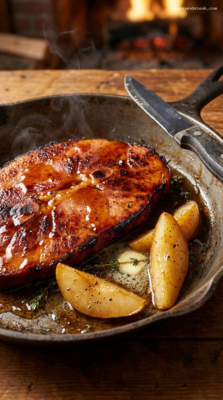 Pear and Maple Glazed Ham Steaks with Cabin Spices – Closeup