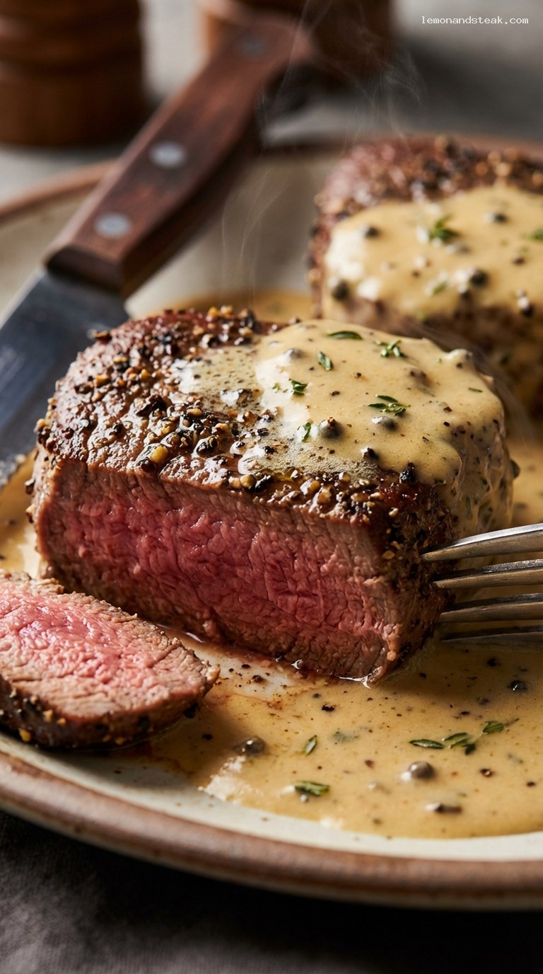 Pepper-Crusted Filet Mignon with Brandy Cream Sauce – Closeup