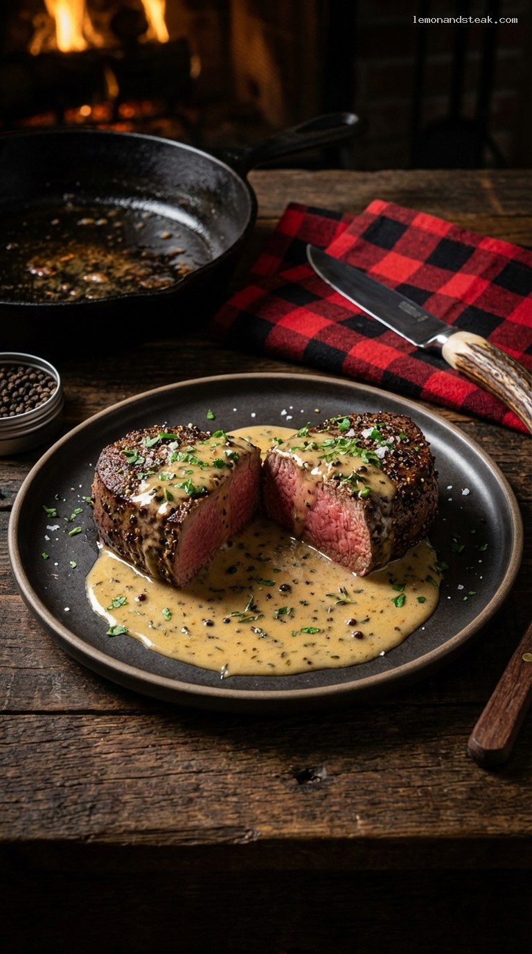 Pepper-Crusted Filet Mignon with Brandy Cream Sauce
