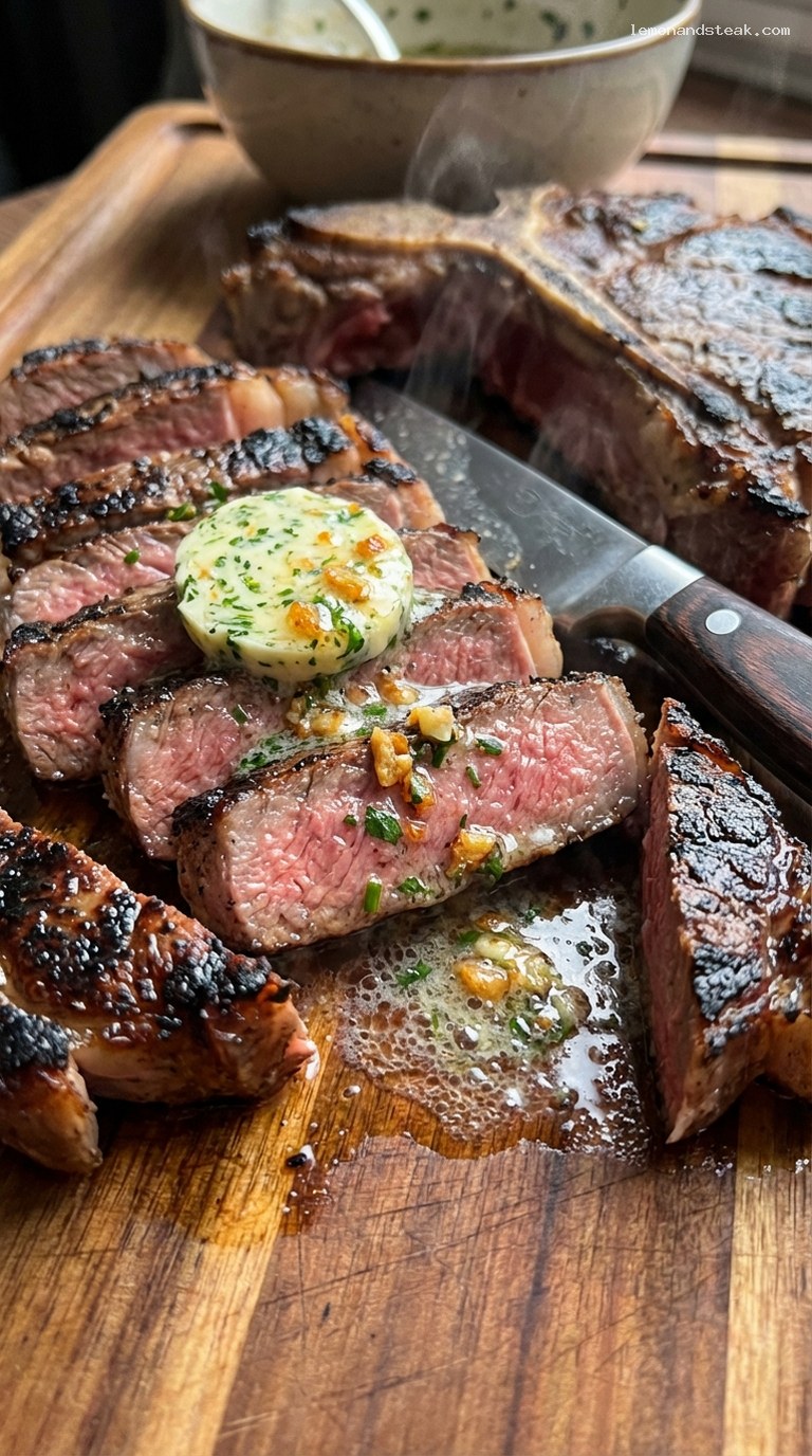 Perfect Grilled T-Bone Steak with Compound Butter – Closeup