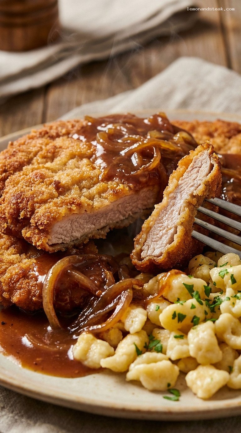 Pork Schnitzel with Buttery Spaetzle and Onion Gravy – Closeup
