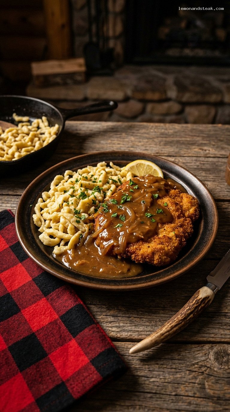 Pork Schnitzel with Buttery Spaetzle and Onion Gravy
