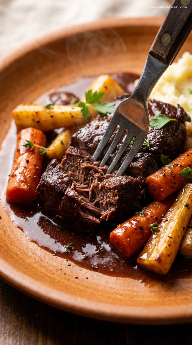 Red Wine Braised Chuck Steak and Root Vegetables – Closeup