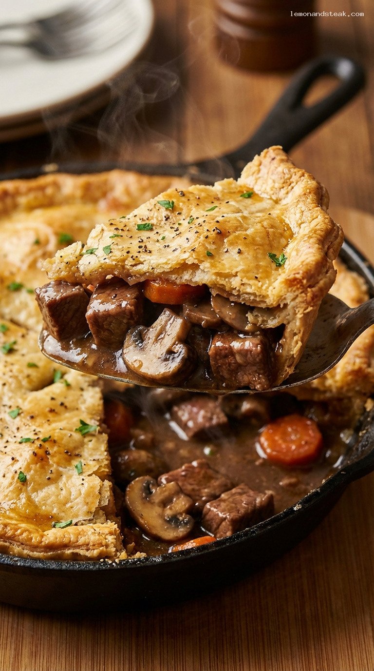 Rustic Beef and Mushroom Pot Pie with Flaky Pastry – Closeup
