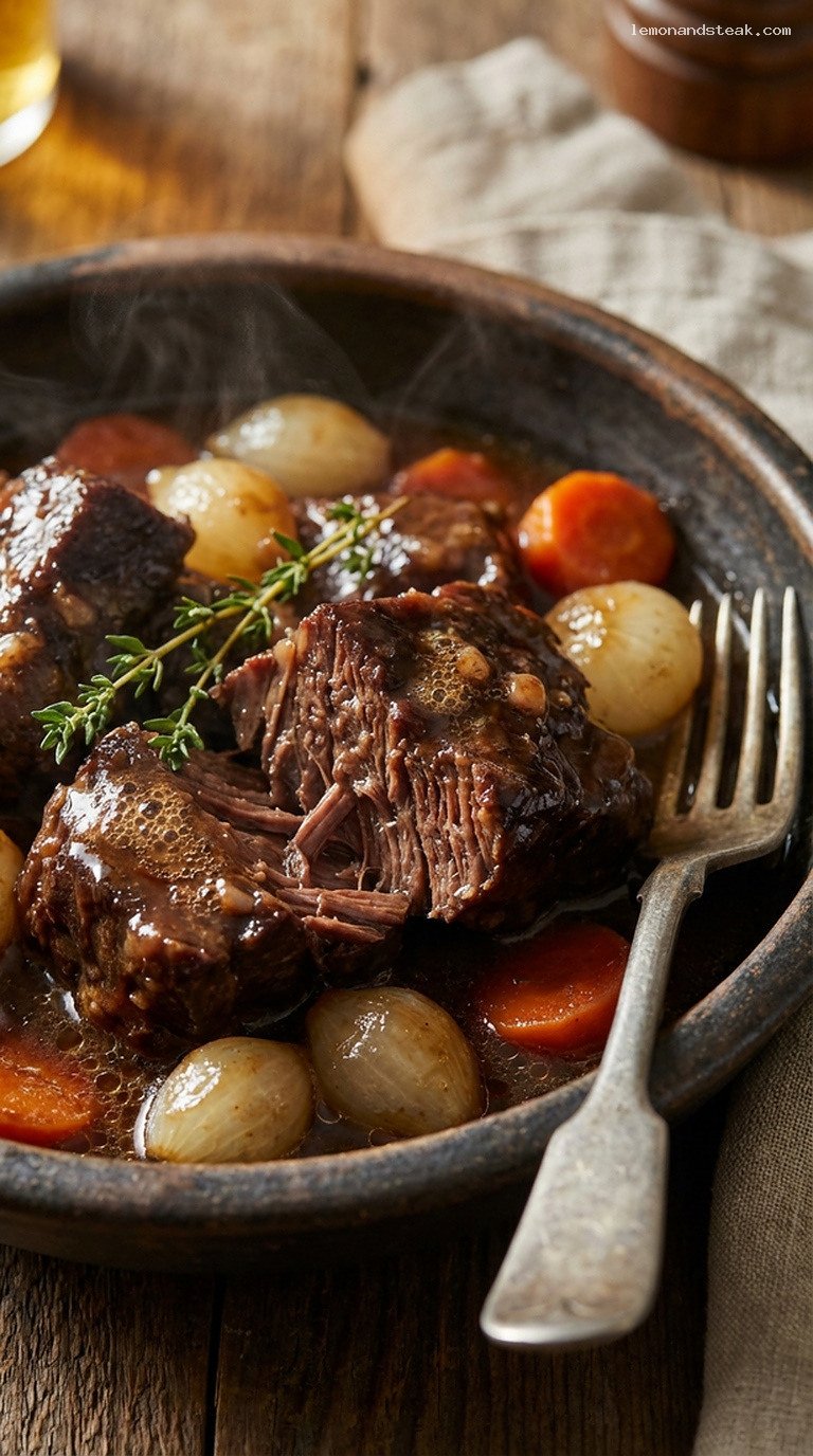 Rustic Braised Beef with Pearl Onions and Thyme – Closeup