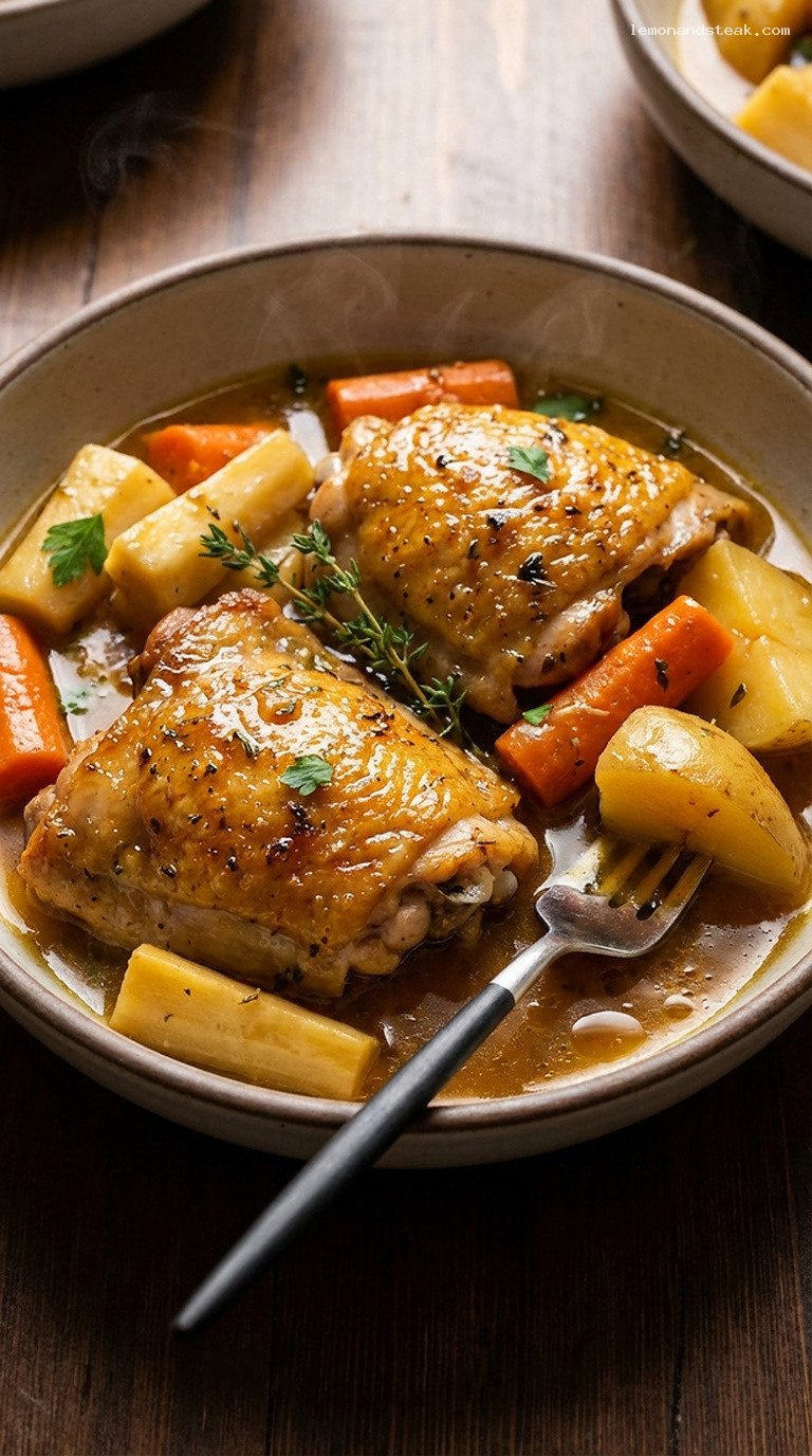 Rustic Braised Chicken with Root Vegetables and Thyme – Closeup