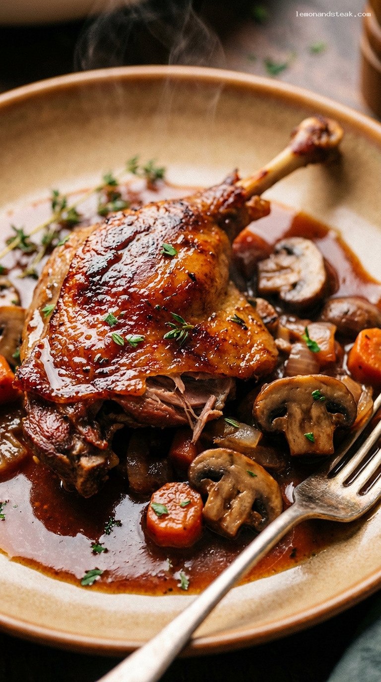 Rustic Braised Duck with Mushrooms and Thyme – Closeup