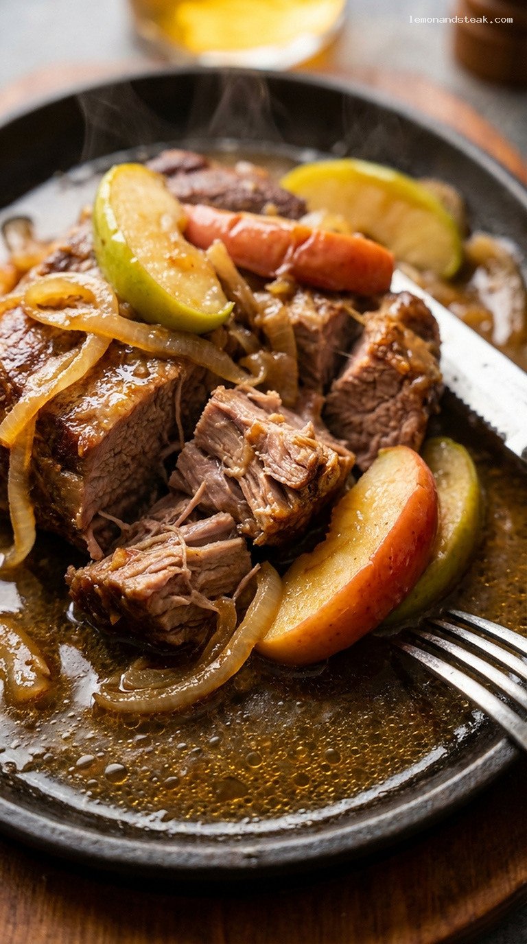 Rustic Braised Pork Shoulder with Apples and Onions – Closeup