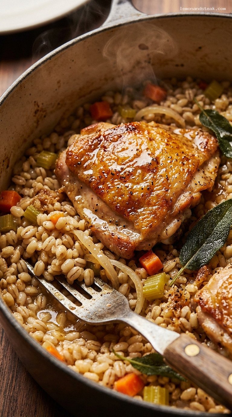 Rustic Brown Butter Sage Chicken and Barley Stew – Closeup