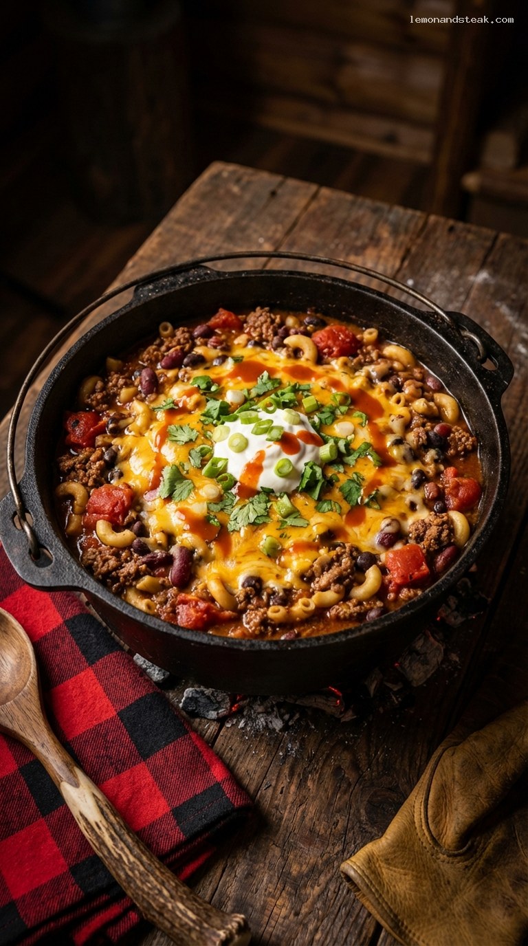 Rustic Campfire Elk Chili Mac in Cast Iron