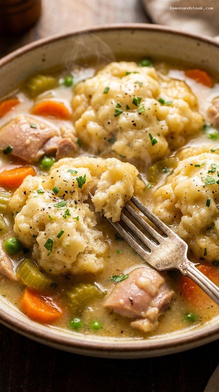 Rustic Chicken and Fluffy Dumpling Stew with Vegetables – Closeup