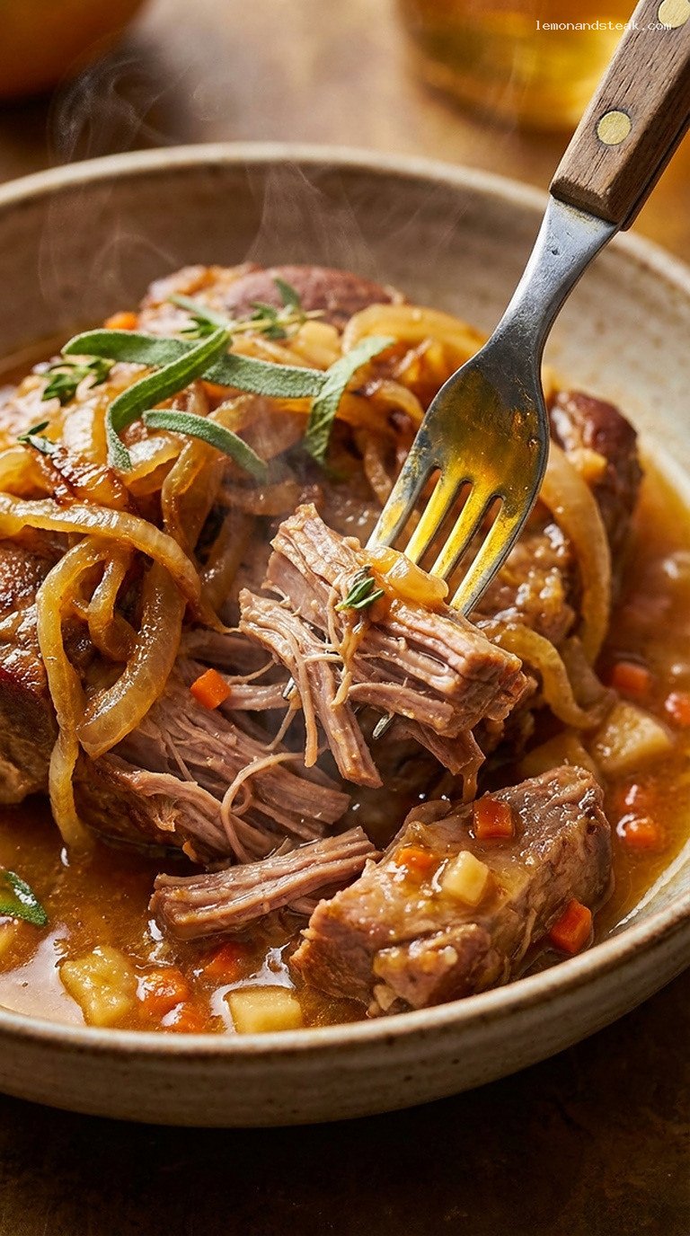 Rustic Cider-Braised Pork Shoulder With Onions and Sage – Closeup