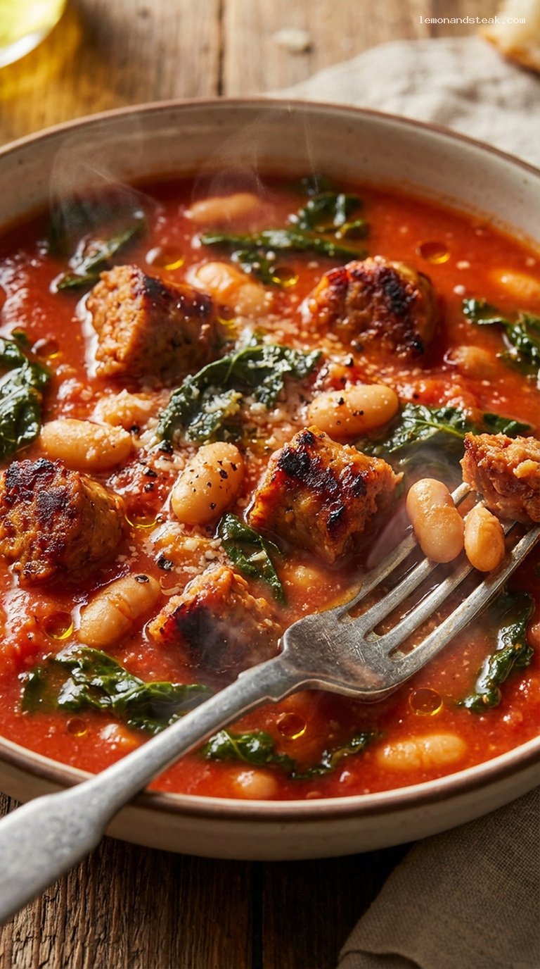 Rustic Italian Sausage and Cannellini Bean Stew – Closeup