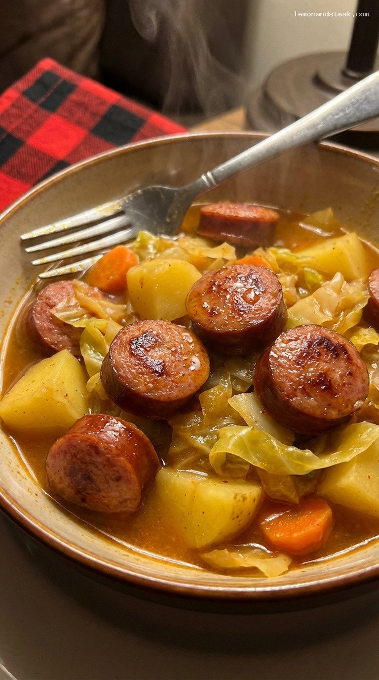 Rustic Kielbasa and Cabbage Stew with Potatoes – Closeup