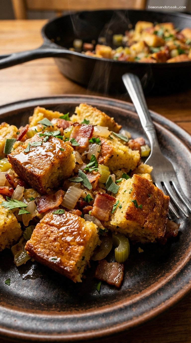 Rustic Maple Bacon Skillet Cornbread Stuffing – Closeup
