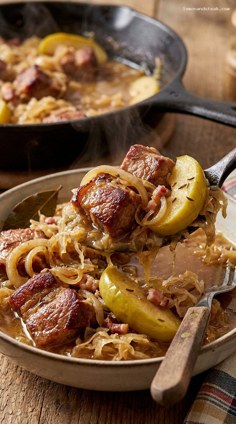 Rustic Pork and Sauerkraut Skillet With Apples and Onions – Closeup