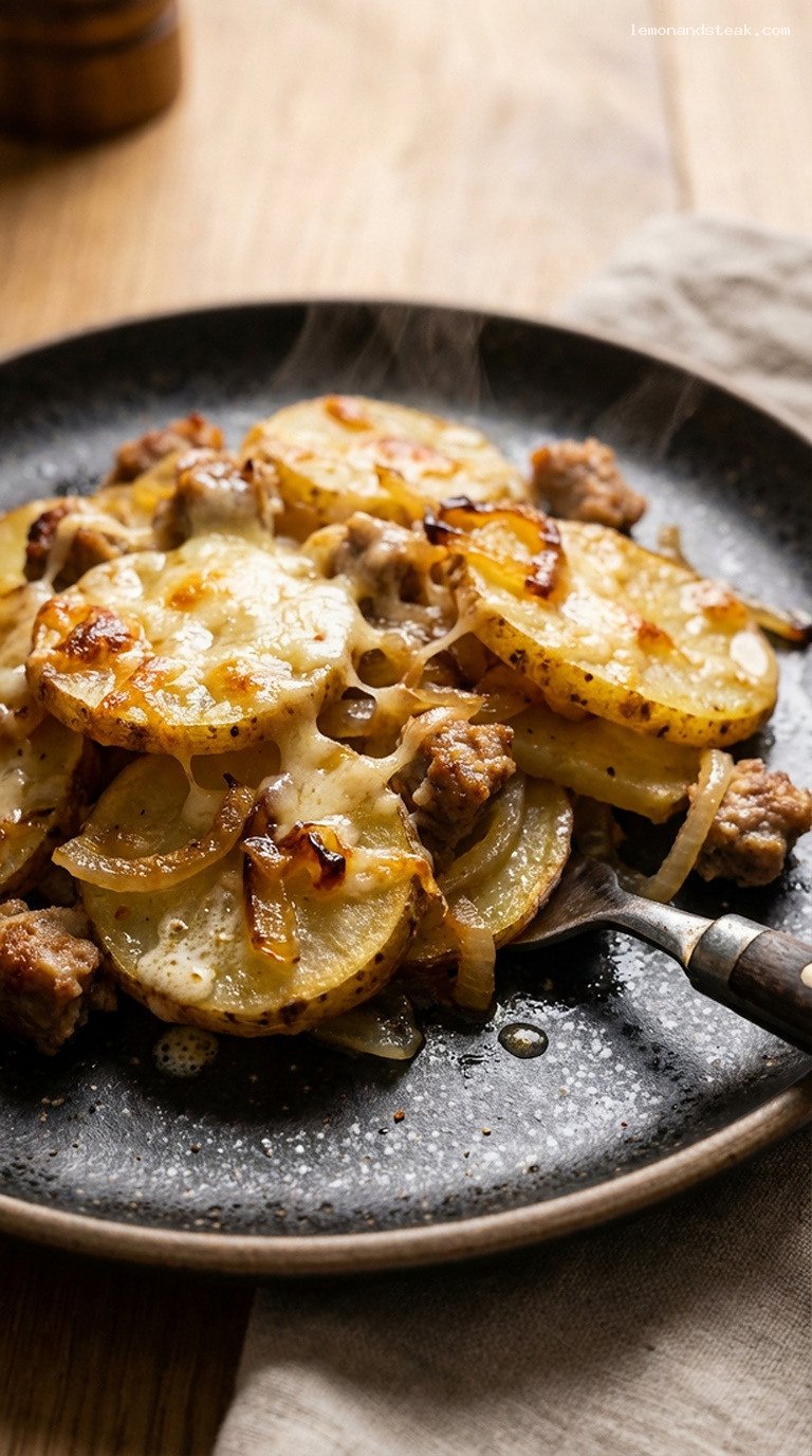 Rustic Sausage and Caramelized Onion Potato Bake – Closeup