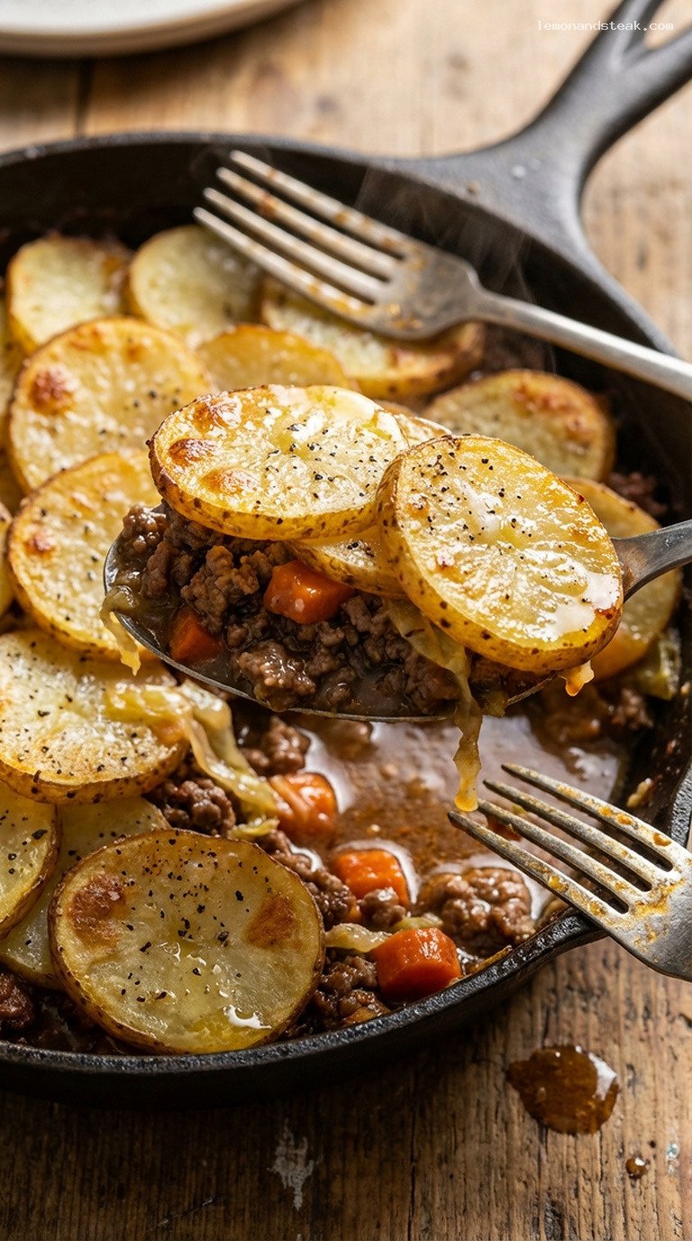 Rustic Skillet Beef and Cabbage Cottage Bake – Closeup