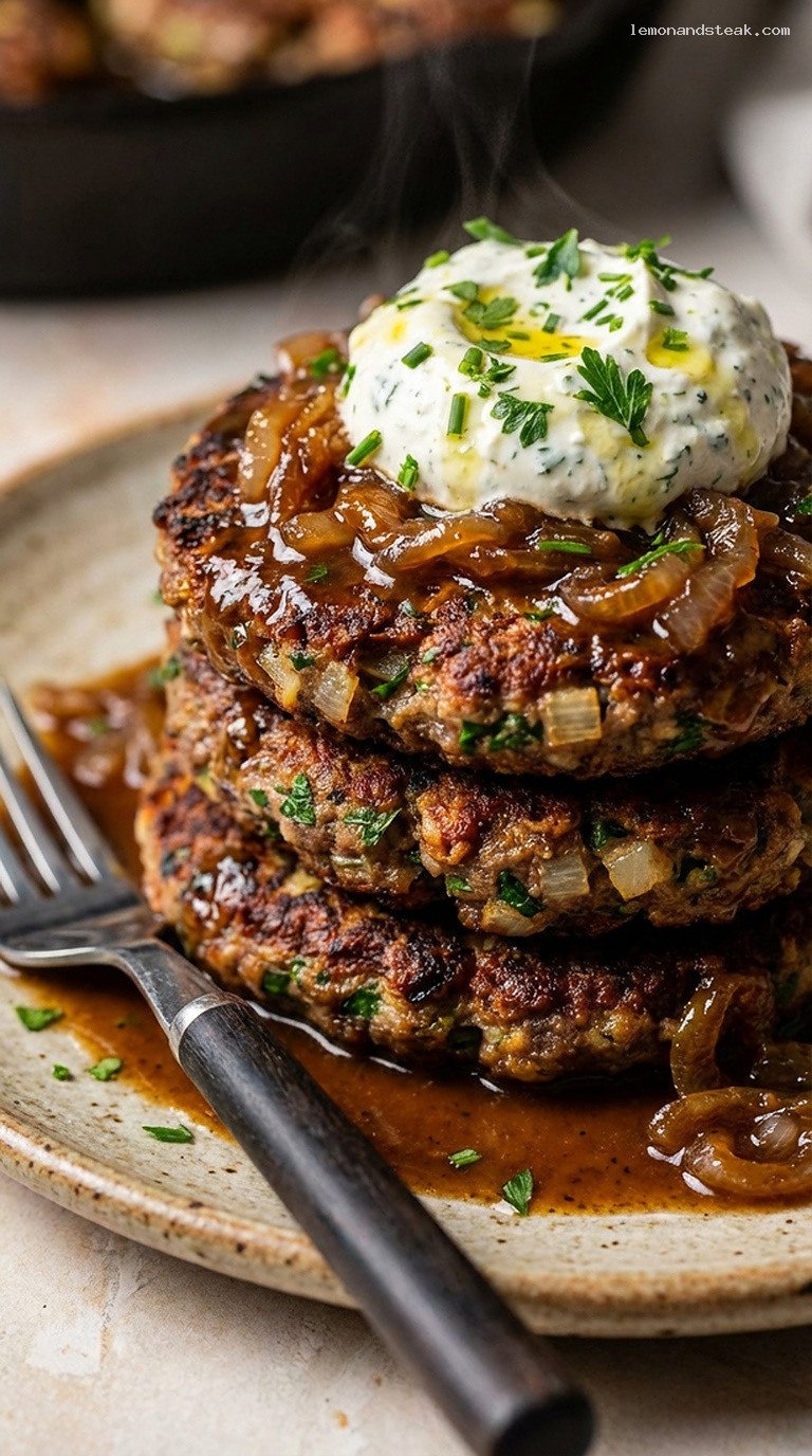 Rustic Skillet Beef and Herb Fritter Stack – Closeup