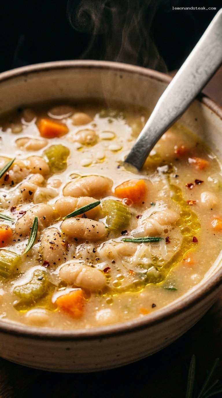 Rustic White Bean and Rosemary Soup With Garlic – Closeup