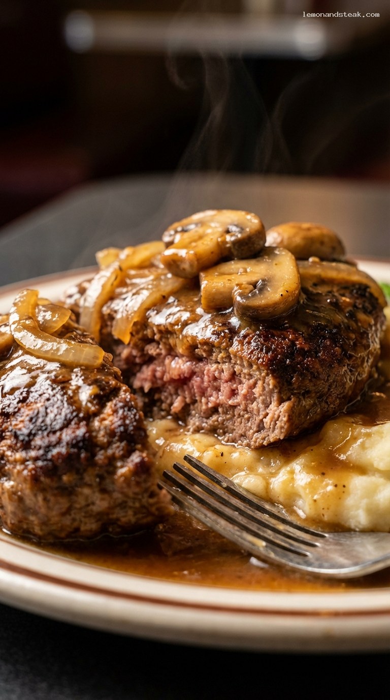 Salisbury Steak with Mushroom and Onion Gravy – Closeup
