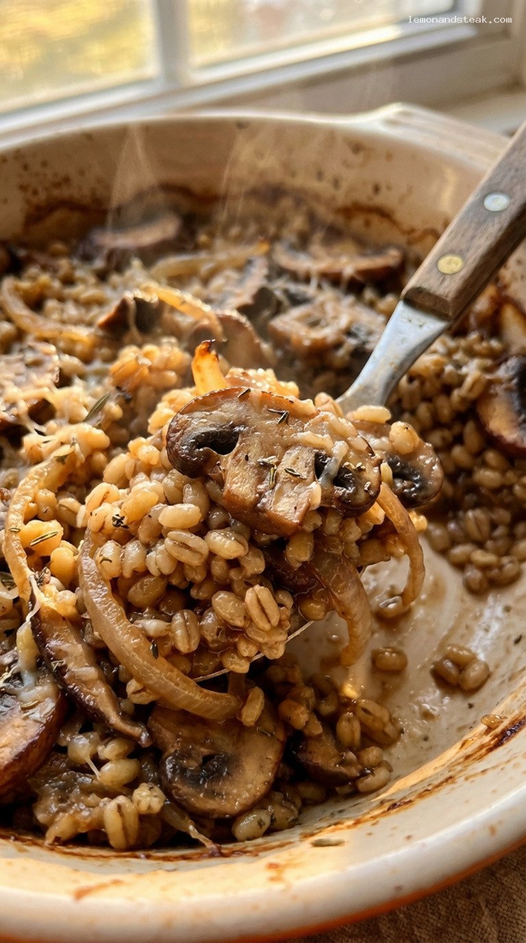 Savory Mushroom and Barley Casserole with Caramelized Onions – Closeup
