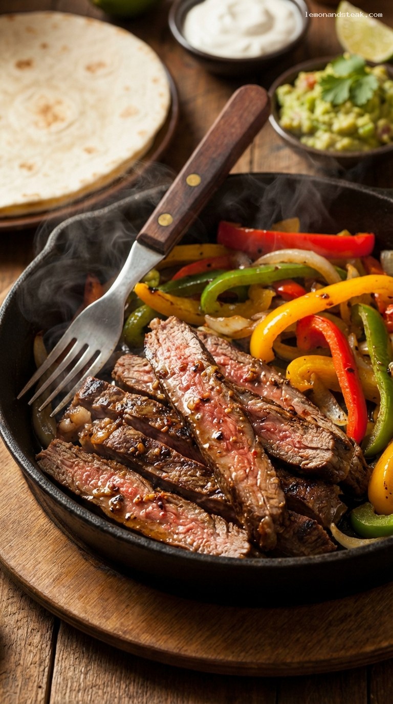 Skillet Steak Fajitas With Peppers, Onions, and Lime – Closeup
