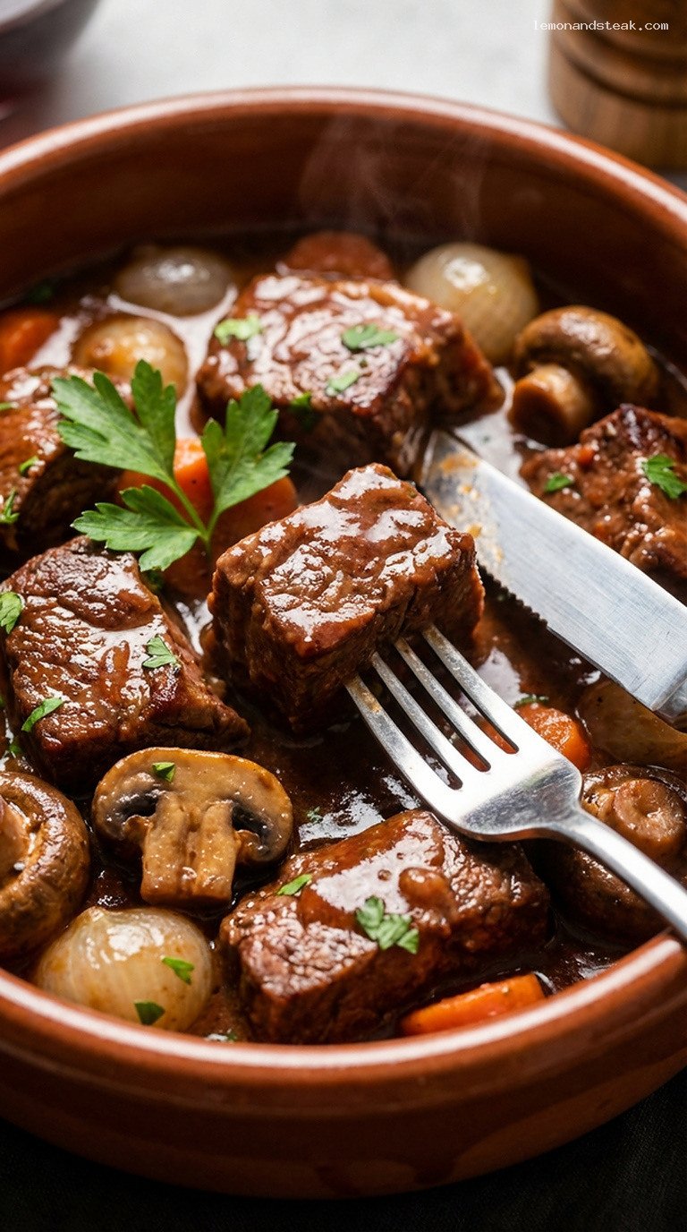 Slow-Braised Beef Bourguignon With Red Wine and Mushrooms – Closeup