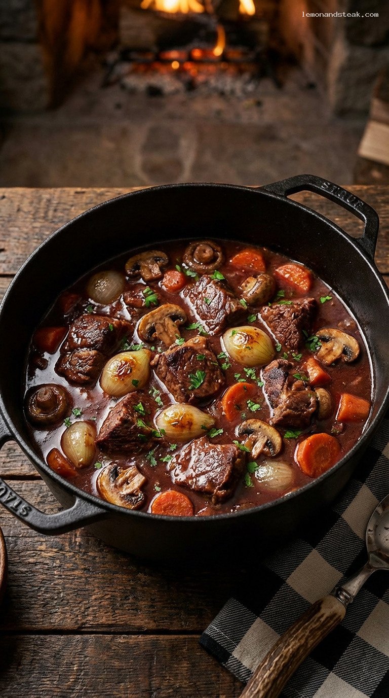 Slow-Braised Beef Bourguignon With Red Wine and Mushrooms