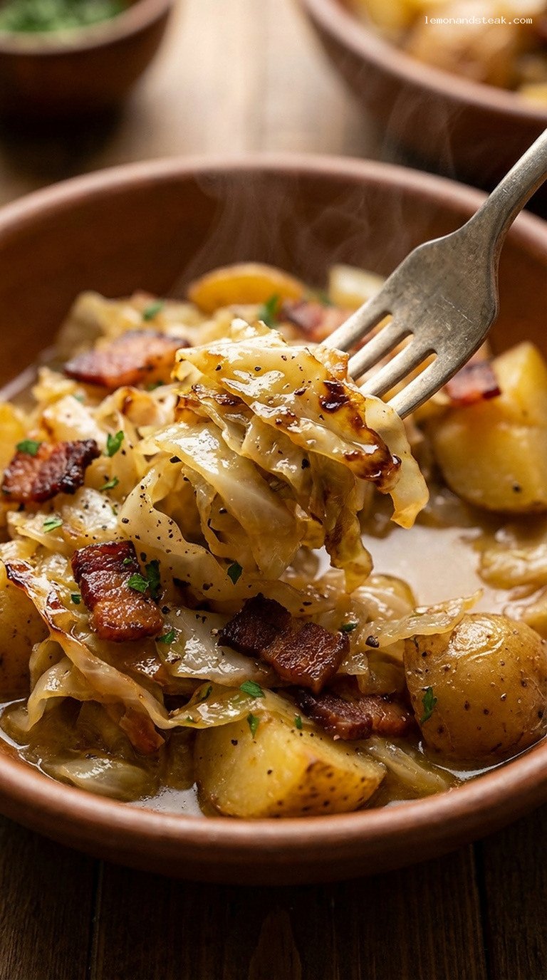 Slow-Braised Cabbage with Bacon and Potatoes – Closeup