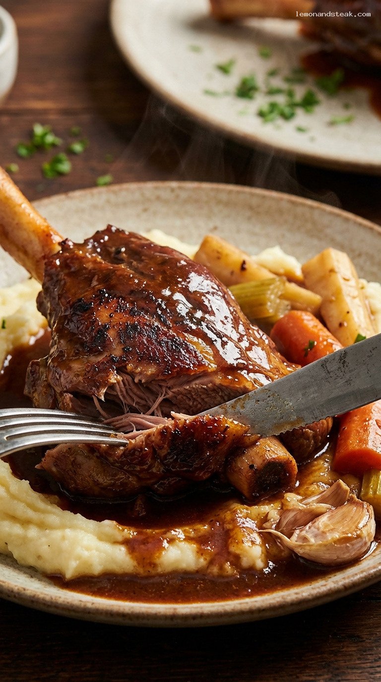 Slow-Braised Lamb Shanks with Red Wine and Winter Vegetables – Closeup