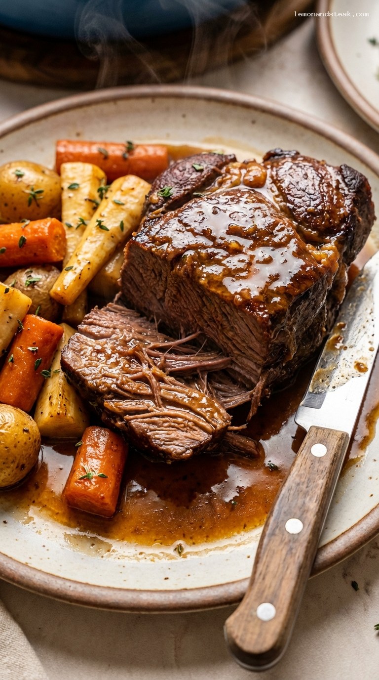 Slow-Braised Maple Cider Pot Roast With Root Vegetables – Closeup