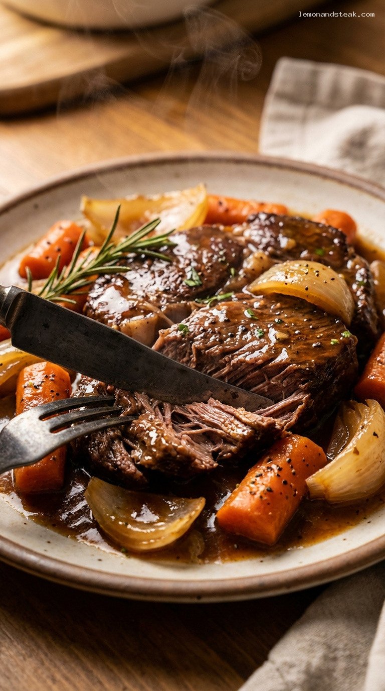 Slow-Braised Pot Roast with Onions and Carrots – Closeup