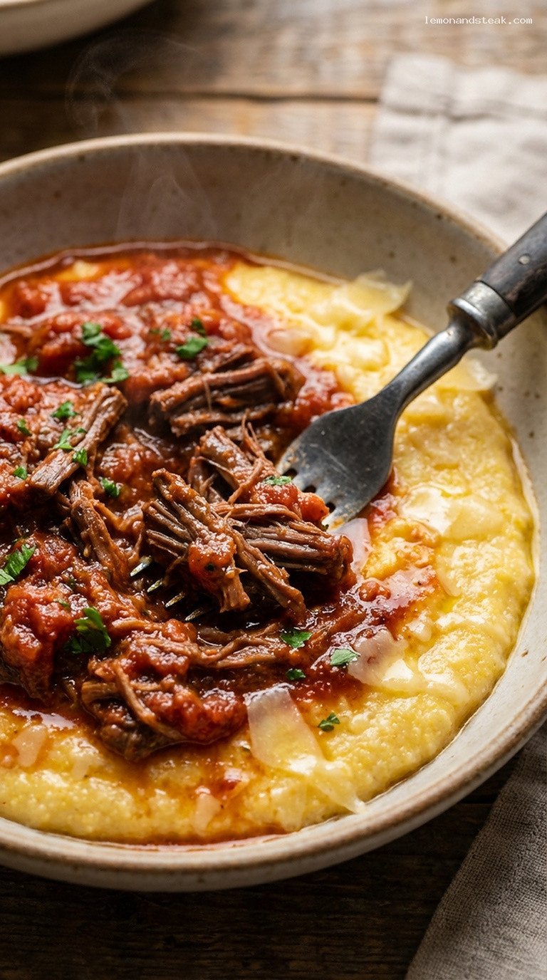 Slow-Cooked Short Rib Ragu with Creamy Polenta – Closeup