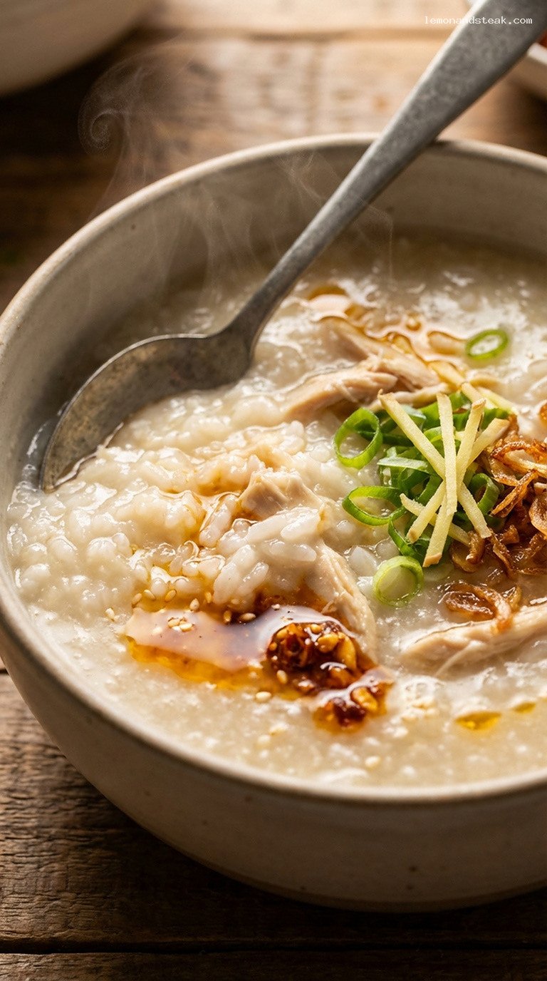 Slow Cooker Ginger Chicken Congee with Scallions – Closeup