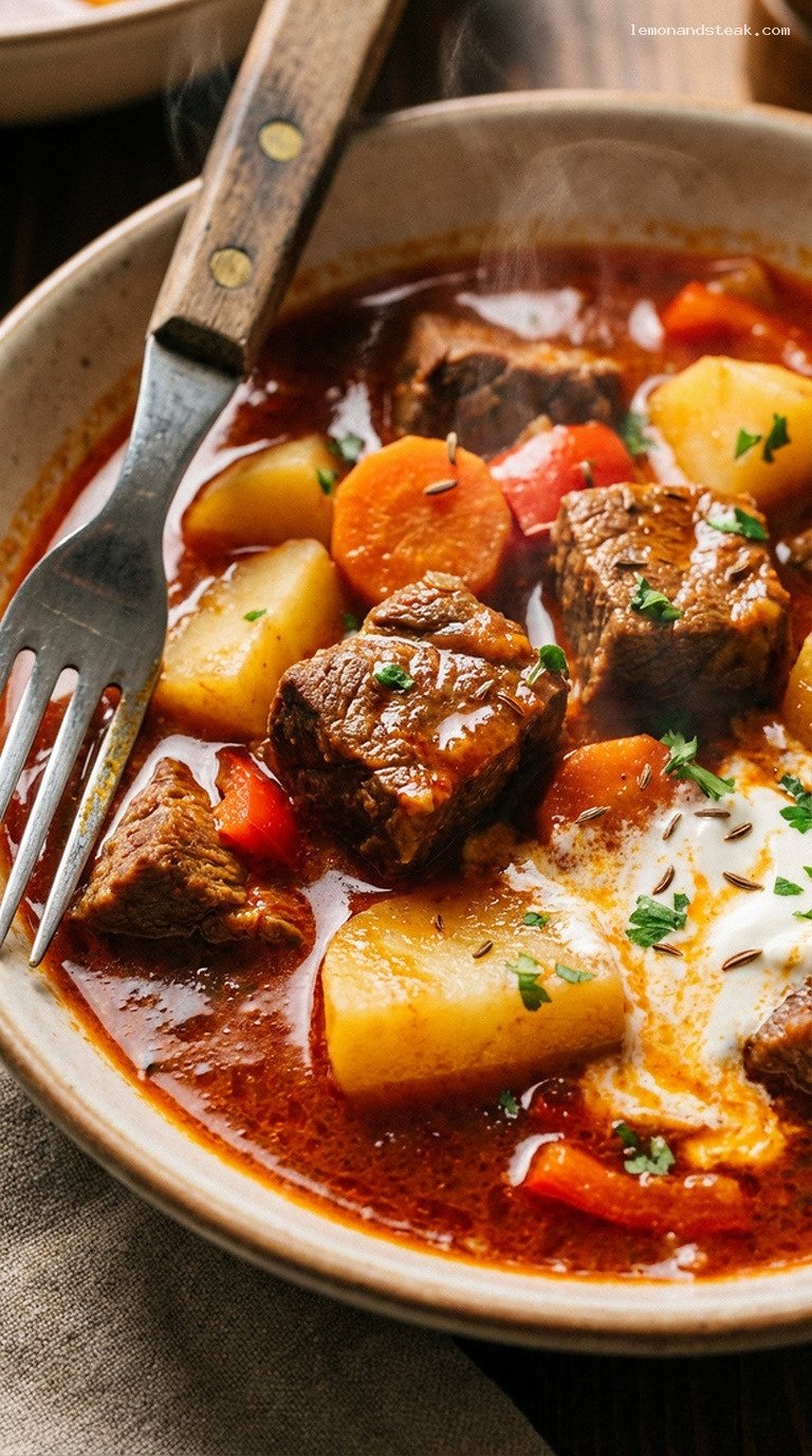Slow-Simmered Hungarian Goulash With Paprika, Beef, and Potatoes – Closeup