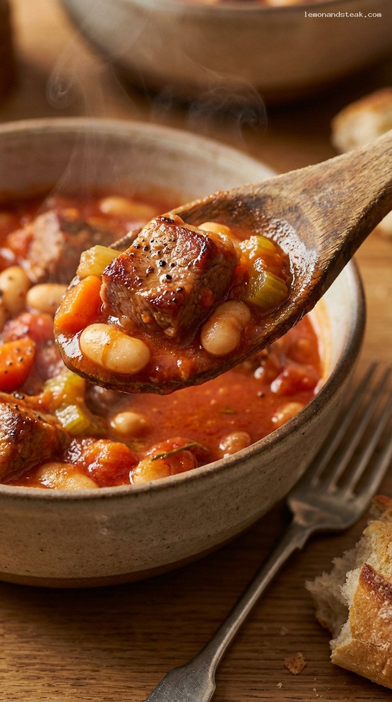 Slow-Simmered Lamb and White Bean Stew with Rosemary – Closeup