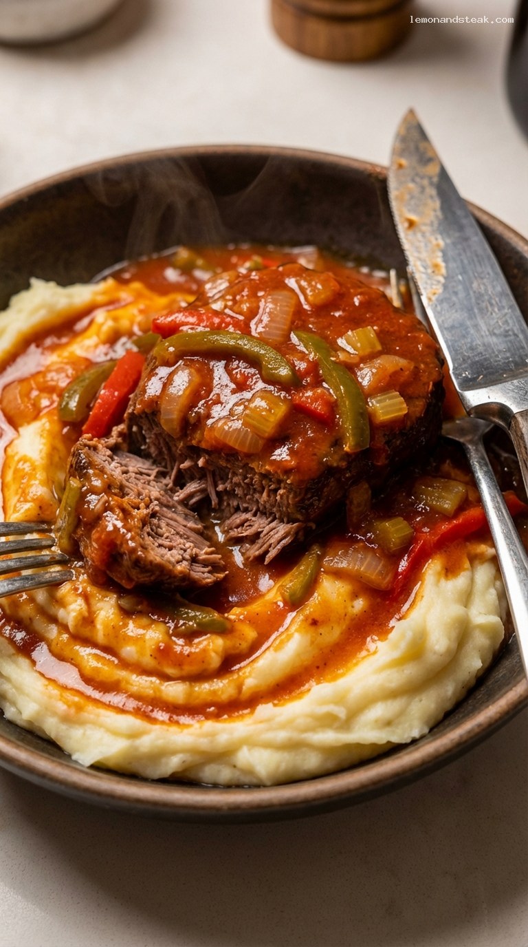 Slow-Simmered Swiss Steak in Tomato Gravy – Closeup