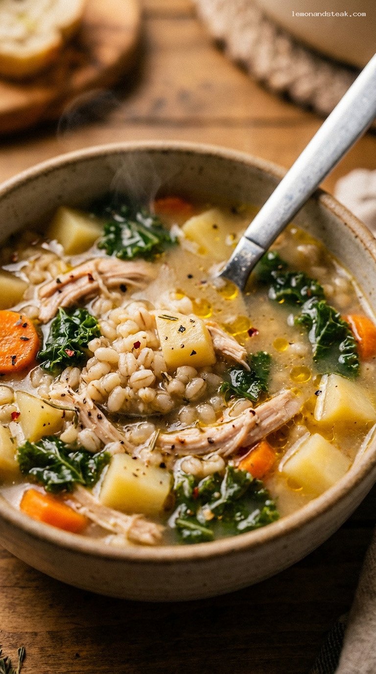Slow-Simmered Turkey and Vegetable Barley Soup for Winter – Closeup