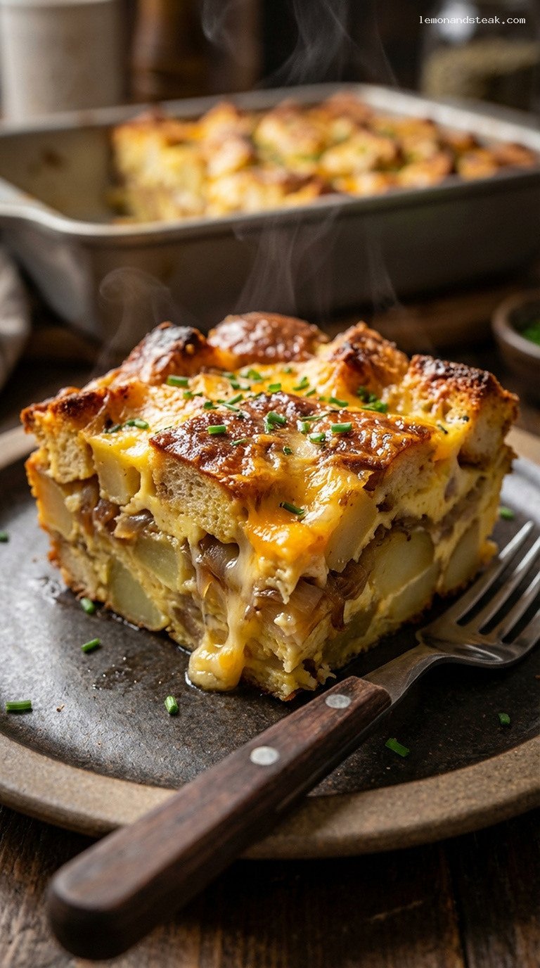 Smoked Cheddar and Potato Lumberjack Breakfast Strata – Closeup