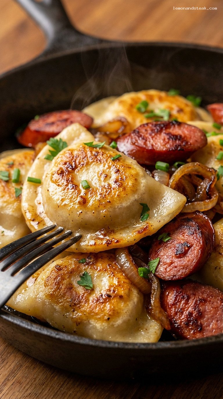 Smoked Sausage and Potato Pierogi Skillet with Browned Butter – Closeup