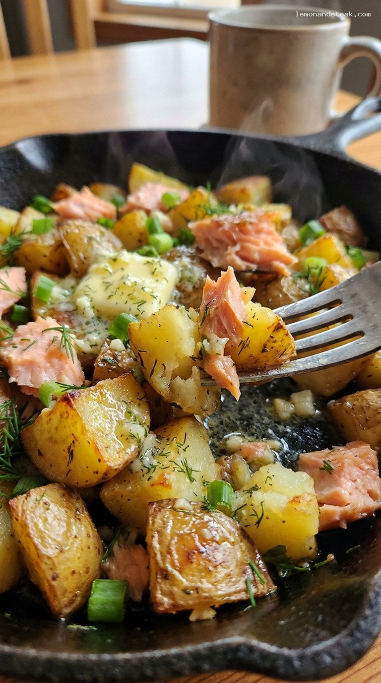 Smoked Trout and Dill Potato Hash with Cabin-Style Butter – Closeup