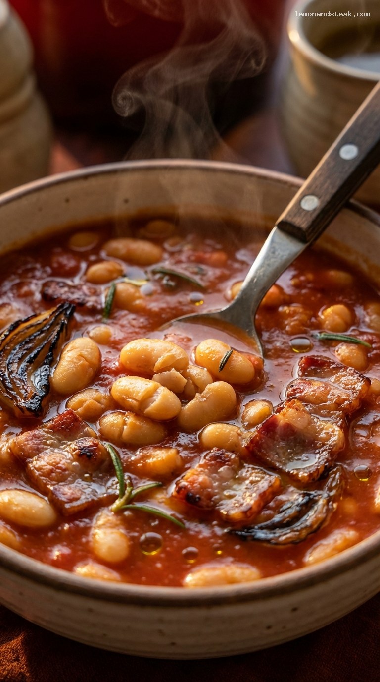 Smoky Bacon and White Bean Stew with Fire-Roasted Tomatoes – Closeup