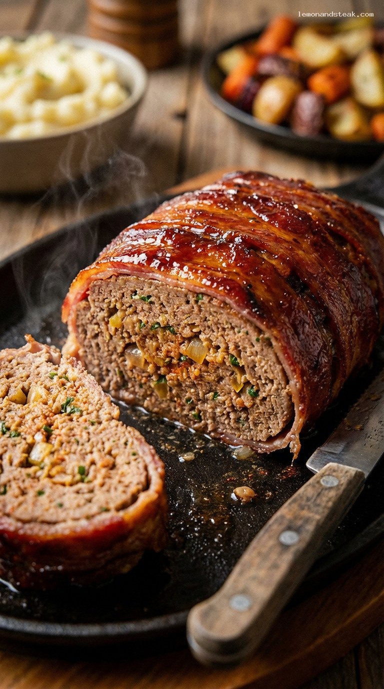Smoky Bacon-Wrapped Meatloaf with Onions and Herbs – Closeup