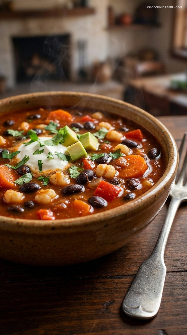 Smoky Black Bean and Hominy Winter Chili – Closeup