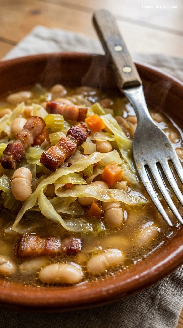 Smoky Cabbage, Bacon and White Bean Braise – Closeup