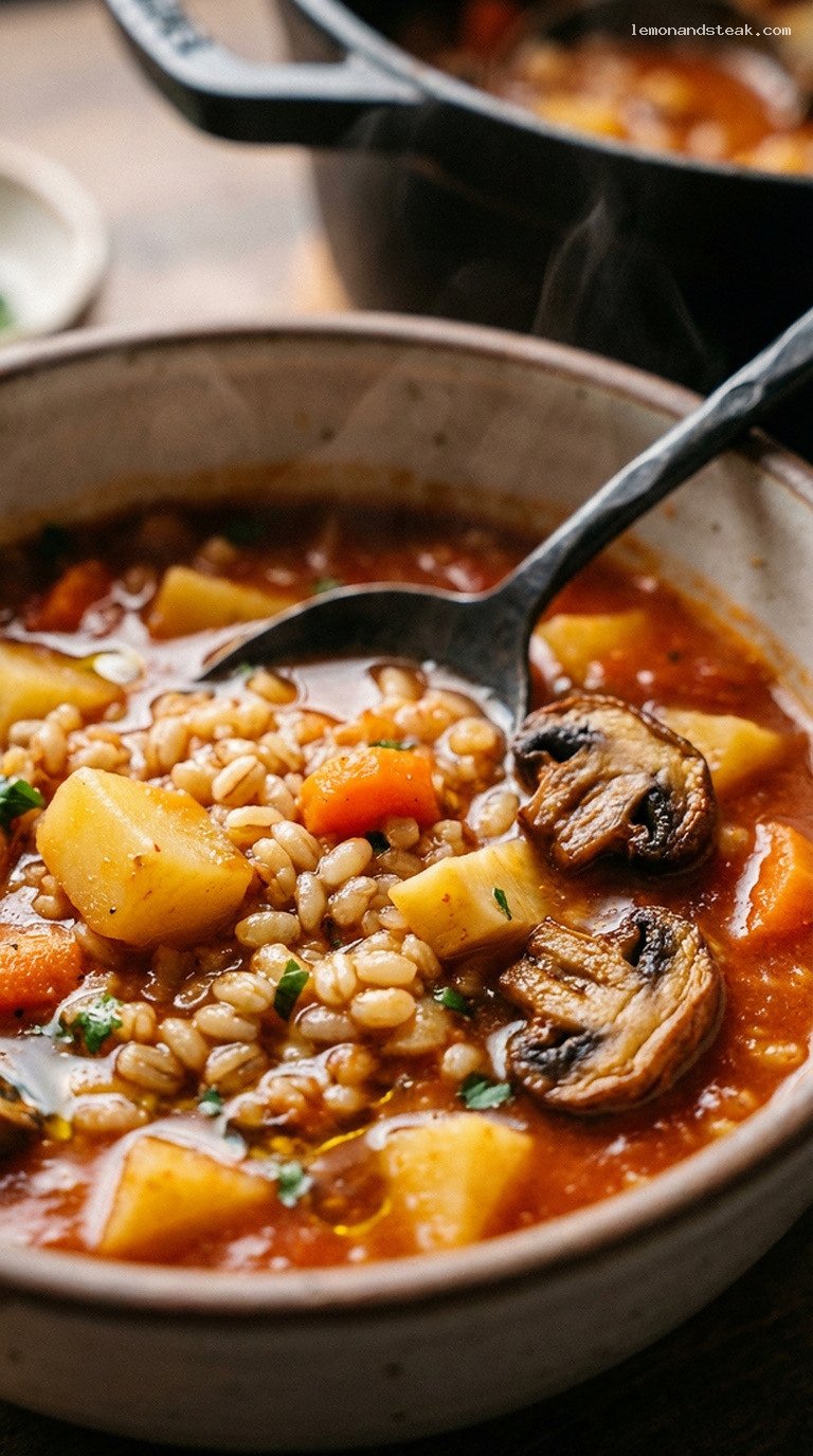 Smoky Campfire Barley and Root Vegetable Stew – Closeup