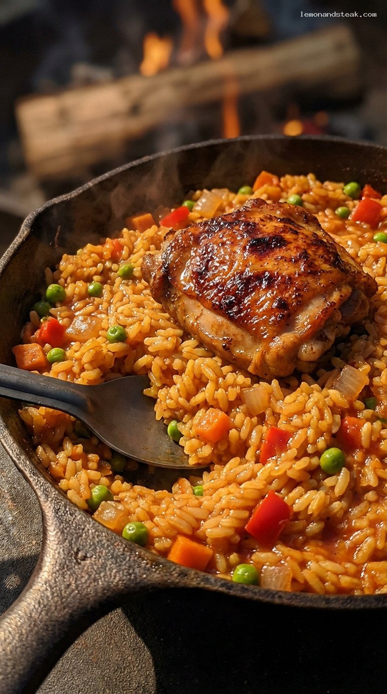 Smoky Campfire Chicken and Rice Kettle Stew – Closeup