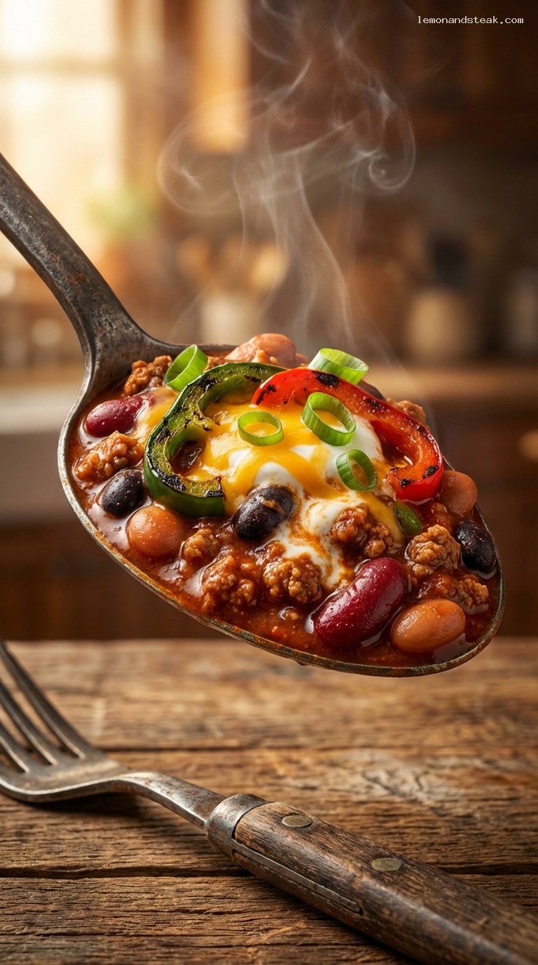 Smoky Campfire Chili with Charred Peppers and Beans – Closeup